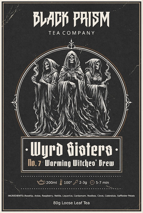 Wyrd Sisters tea label