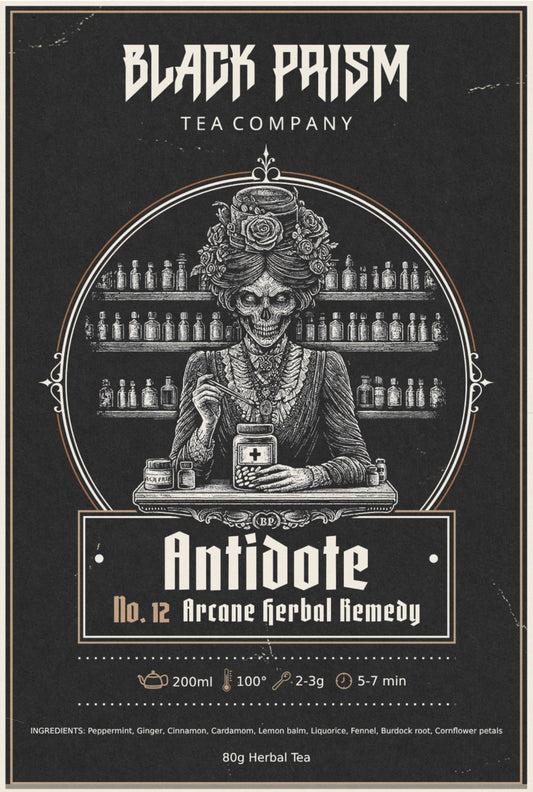 Black Prism Tea Company Antidote No. 12 label with a skeleton character behind a shelf of bottles.